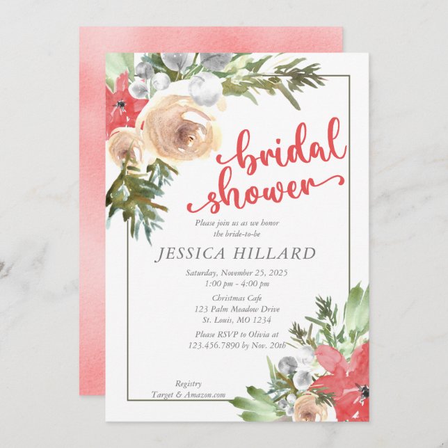 Watercolor Christmas Foliage Bridal Shower Invitation (Front/Back)