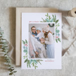 Watercolor Christmas Foliage Frame Photo Holiday Card<br><div class="desc">Happy holidays! Send holiday wishes to family and friends with this greenery holiday card. It features watercolor illustration of hollies,  pine needles and eucalyptus and evergreen with classic typography. Personalise by featuring your favourite photo and adding names and message. Matching items are available.</div>
