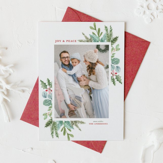 Watercolor Christmas Foliage Frame Photo Holiday Card (Customizable photo Christmas card featuring watercolor frame of winter greenery and winterberry)