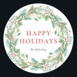 Watercolor Christmas Foliage & Holly Wreath Classic Round Sticker<br><div class="desc">Send holiday cheer with this greenery holiday sticker. It features watercolor illustrations of hollies,  pine needles and eucalyptus and evergreen with classic typography. Personalise by adding your own text. This watercolor holiday sticker will be perfect for Christmas gifts and party favours. Matching items are available.</div>