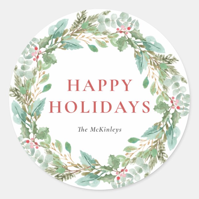 Watercolor Christmas Foliage & Holly Wreath Classic Round Sticker (Front)