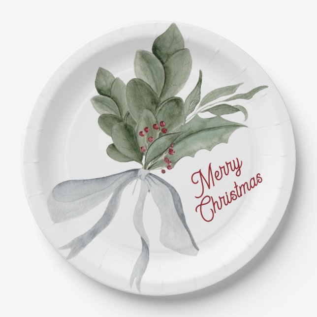 Watercolor Christmas Foliage Paper Plate (Front)