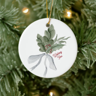 Watercolor Christmas Foliage Personalised Ceramic Tree Decoration