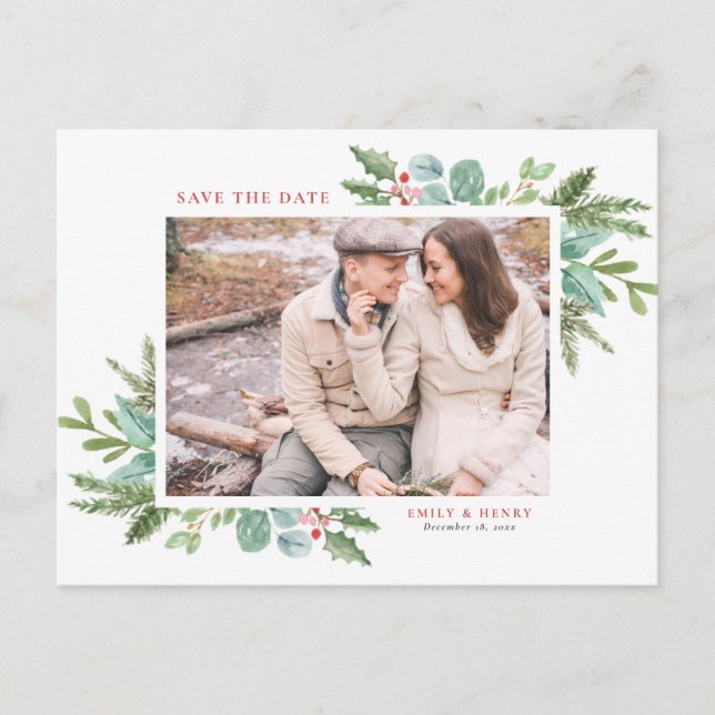 Watercolor Christmas Foliage Photo Save the Date Announcement Postcard (Front)