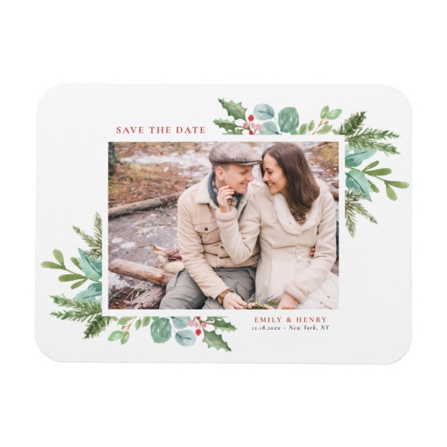 Watercolor Christmas Foliage Photo Save the Date Magnet (Horizontal)