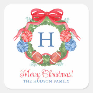 Watercolor Christmas Football Wreath Square Sticker