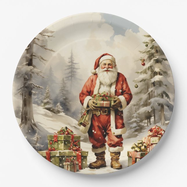 Watercolor Christmas Forest Santa with Presents Paper Plate (Front)