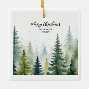 Watercolor Christmas Forest Trees Snowy Winter Ceramic Ornament