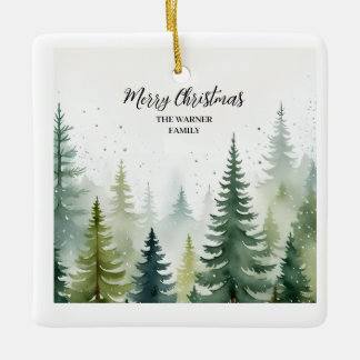 Watercolor Christmas Forest Trees Snowy Winter Ceramic Ornament