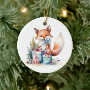 Watercolor Christmas Fox Ceramic Tree Decoration