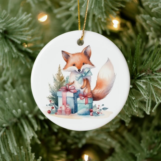 Watercolor Christmas Fox Ceramic Tree Decoration (Tree)