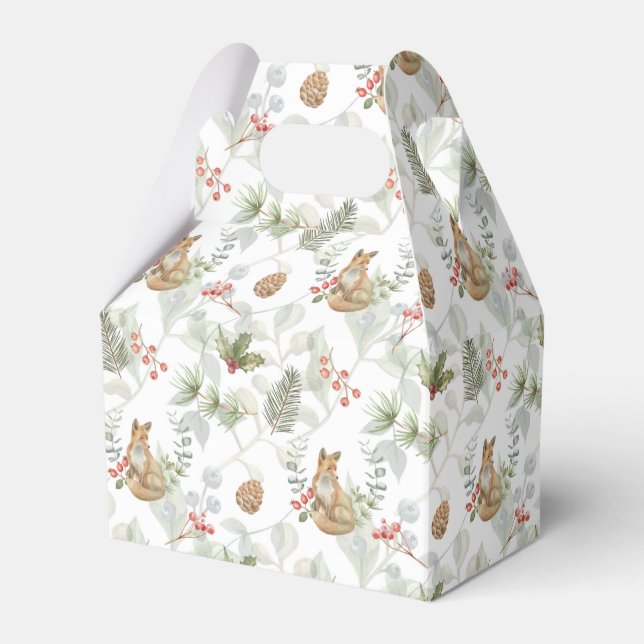 Watercolor Christmas Fox, Pine Branches, Berries  Favour Box (Front Side)