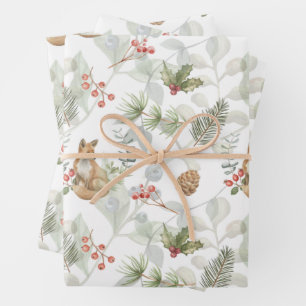 Watercolor Christmas Fox, Pine Branches, Berries  Wrapping Paper Sheet