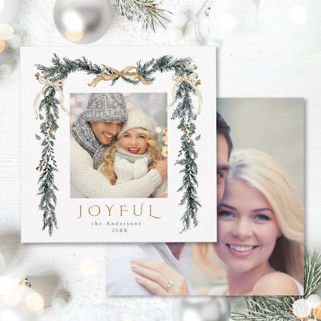 Watercolor Christmas Frame 2 Photo Square Holiday Card (Front & Back)