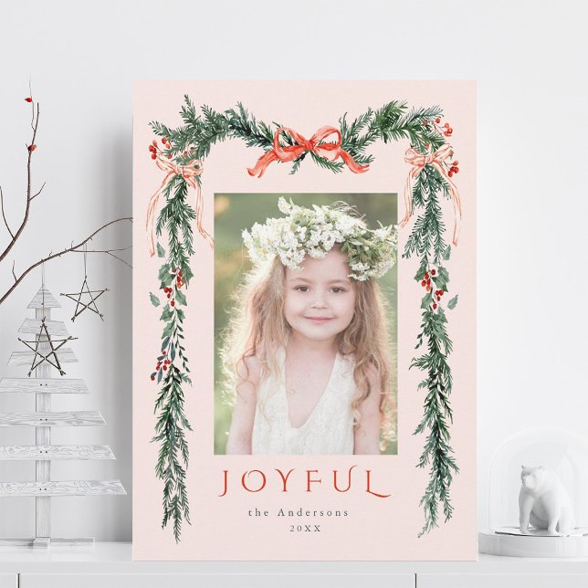 Watercolor Christmas Frame Photo Blush Pink Holiday Card (Creator Uploaded)