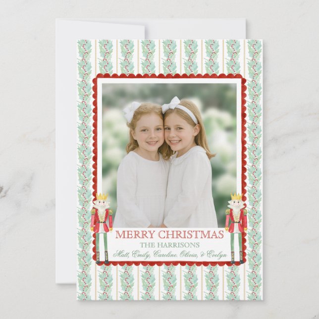 Watercolor Christmas Garland Nutcracker One Photo Holiday Card (Front)