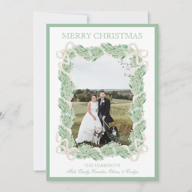 Watercolor Christmas Garland Stocking One Photo Holiday Card (Front)