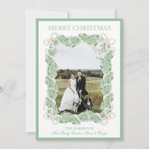 Watercolor Christmas Garland Stocking One Photo Holiday Card