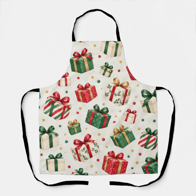 Watercolor Christmas Gift Box Pattern Apron (Front)