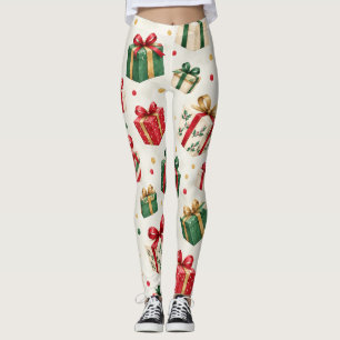 Watercolor Christmas Gift Box Pattern Leggings