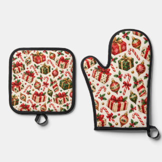Watercolor Christmas Gifts and Ornaments Pattern Oven Mitt & Pot Holder Set