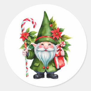 Watercolor Christmas Gnome with Candy Cane Classic Round Sticker