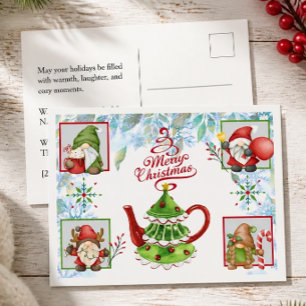 Watercolor Christmas Gnomes and Holiday Teapot Postcard