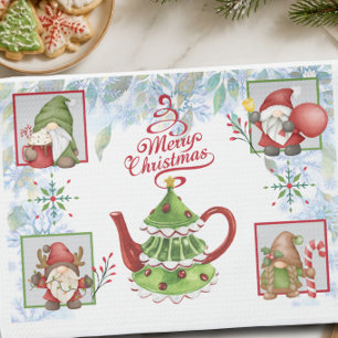 Watercolor Christmas Gnomes and Teapot Holiday Tea Towel