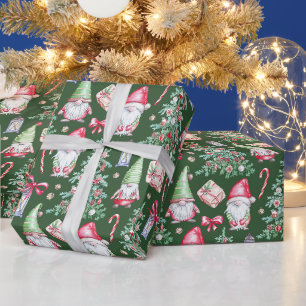 Watercolor Christmas Gnomes, Christmas Trees  Wrapping Paper