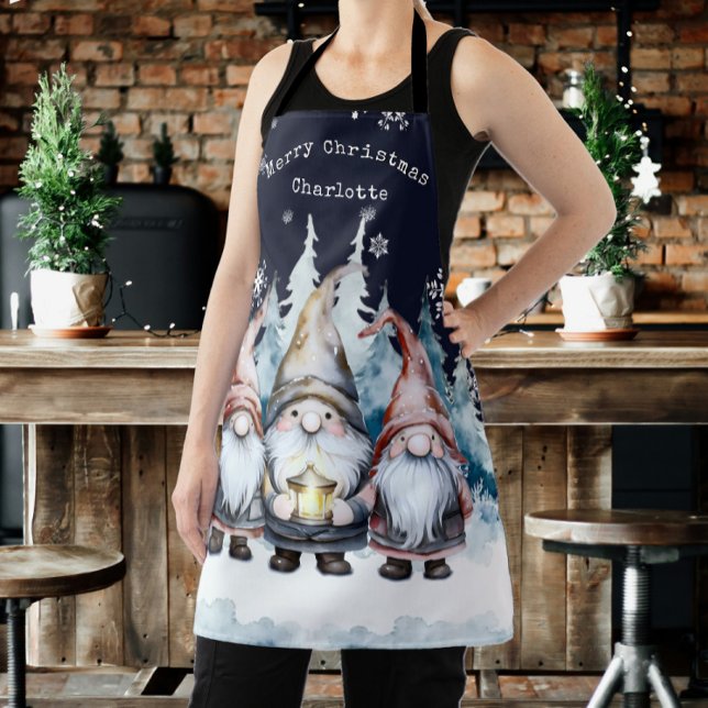 Watercolor Christmas Gnomes Personalised Apron (Watercolor Christmas Gnomes Personalized Apron)