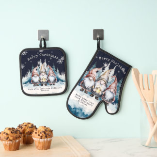 Watercolor Christmas Gnomes Personalised Oven Mitt & Pot Holder Set