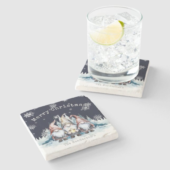 Watercolor Christmas Gnomes Personalised Stone Coaster (Side)