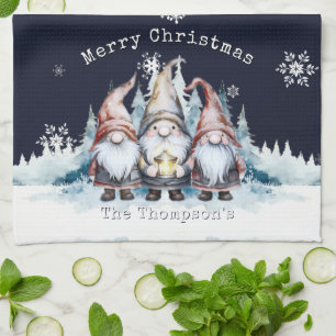 Watercolor Christmas Gnomes Personalized Tea Towel
