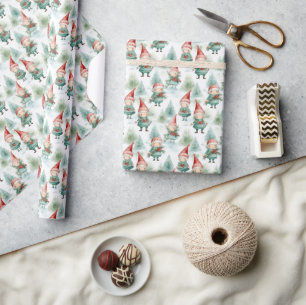 Watercolor Christmas gnomes with presents & trees Wrapping Paper