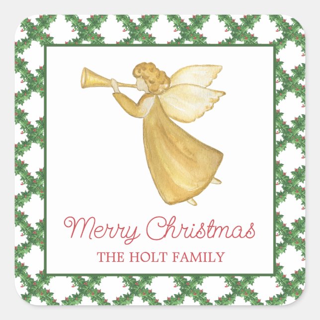 Watercolor Christmas Golden Angel Gift Enclosure Square Sticker (Front)