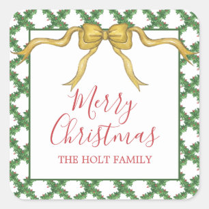 Watercolor Christmas Golden Bow Gift Enclosure Square Sticker