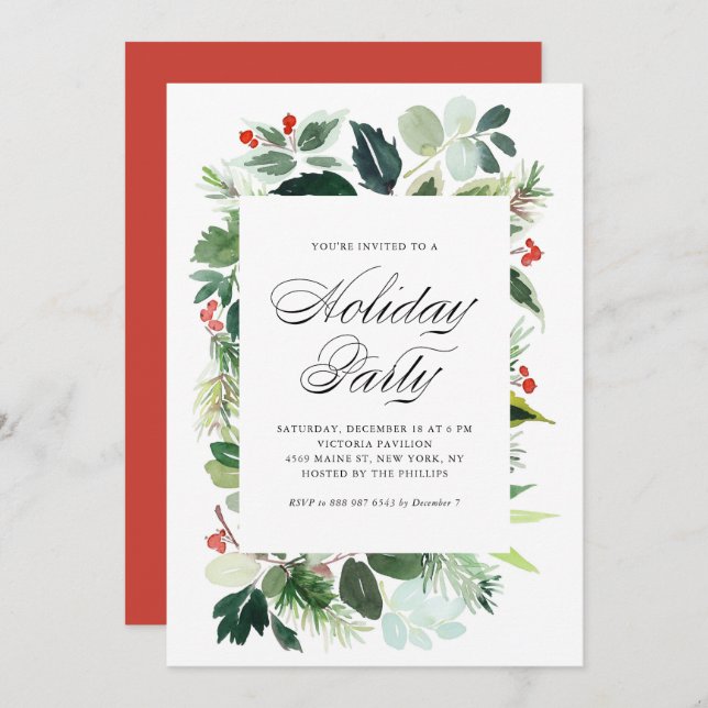 Watercolor Christmas Greenery Frame Holiday Party Invitation (Front/Back)
