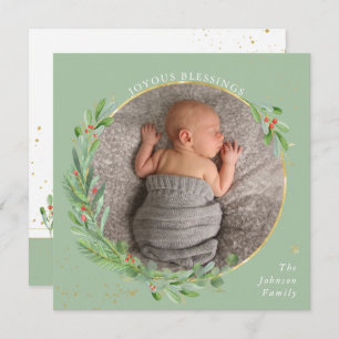 Watercolor Christmas Greenery Joyous Blessings Holiday Card