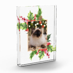 Watercolor Christmas greenery with poinsettia Photo Block