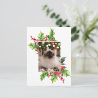 Watercolor Christmas greenery with poinsettia Post Postcard