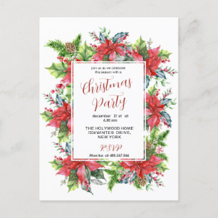 Watercolor Christmas greenery with poinsettia Postcard