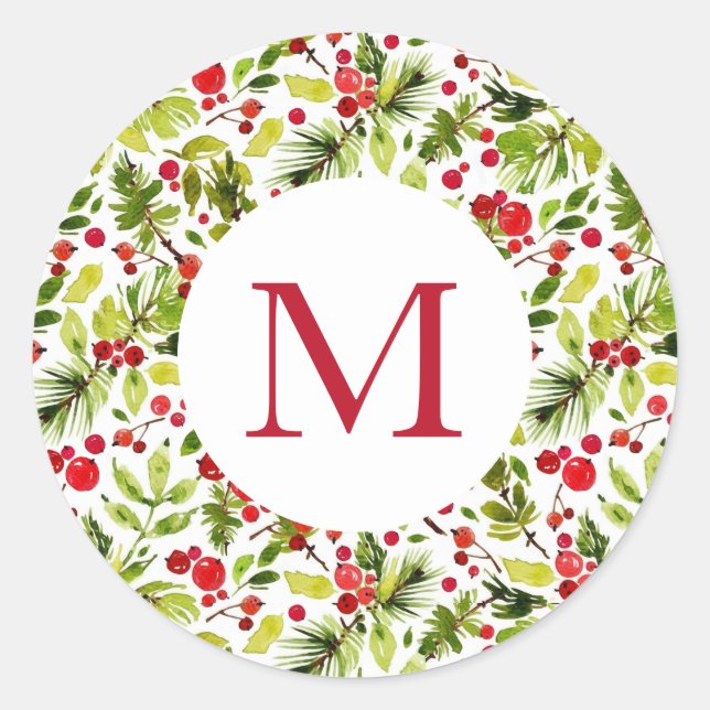 Watercolor Christmas Greens and Berries Classic Round Sticker (Front)