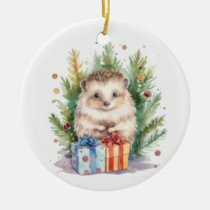 Watercolor Christmas Hedgehog Ceramic Tree Decoration
