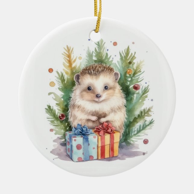 Watercolor Christmas Hedgehog Ceramic Tree Decoration (Front)