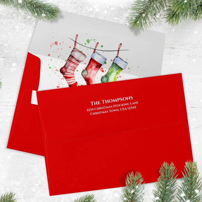 Watercolor Christmas Holiday Cute Stocking  Envelope (Watercolor Christmas stockings envelope.)