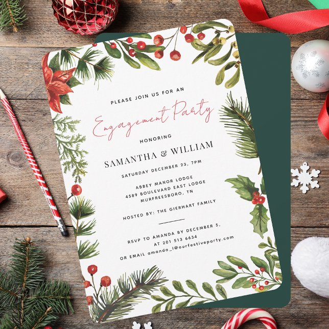 Watercolor Christmas Holiday Engagement Party Invitation (Watercolor Christmas Holiday Engagement Party Invitation)