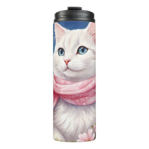 WATERCOLOR CHRISTMAS HOLIDAY FLUFFY WHITE KITTEN THERMAL TUMBLER