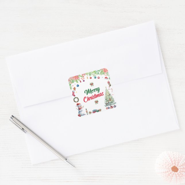 Watercolor Christmas Holiday Square Sticker (Envelope)