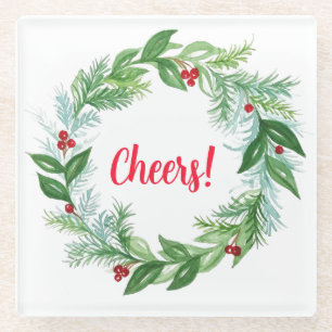 Watercolor Christmas Holiday Wreath Glass Coaster