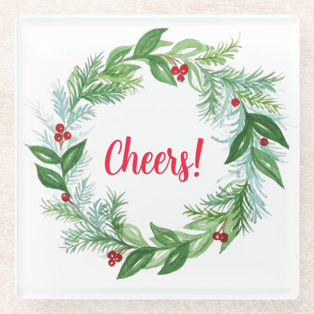 Watercolor Christmas Holiday Wreath Glass Coaster (Front)